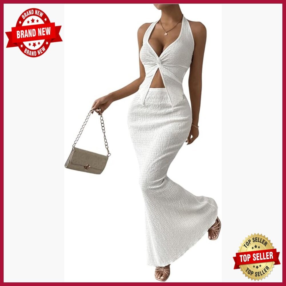Large Halter Twist Cami Top and Skirt Set, Polyester Elastane, Summer Outfit